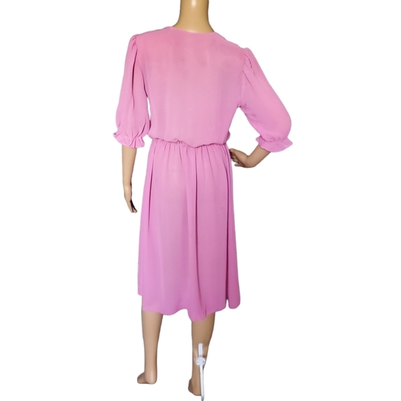 Vintage 80s Pink Semi Sheer Button Front Short Sleeve Bluson Day Dress - Picture 4 of 9